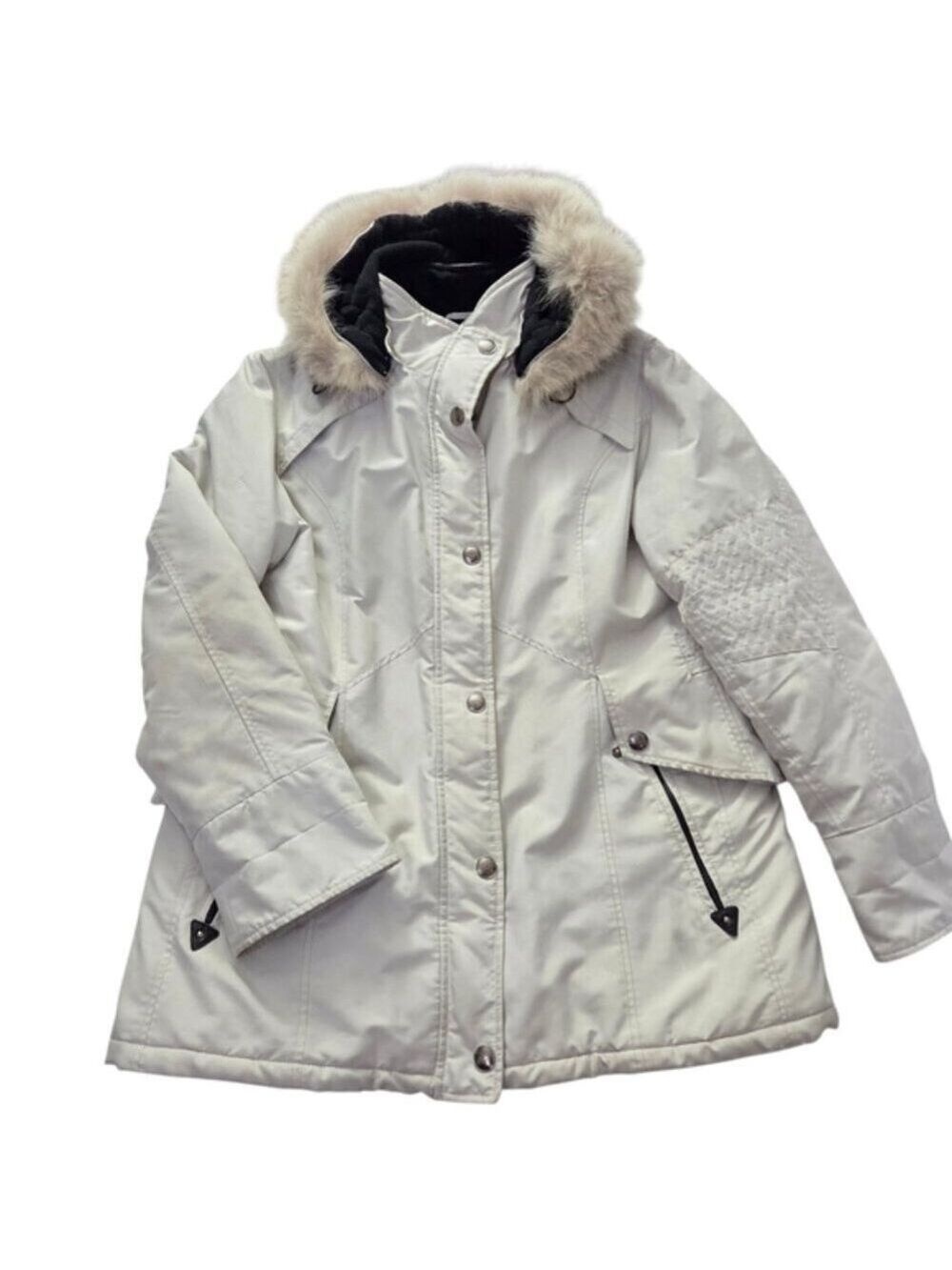 Fen-Nelli White Winter Parka Longsleeves Genuine Fur Hood Size 14